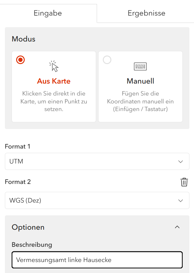Reiter Eingabe mit Modus-Auswahl, Formaten und Optionen