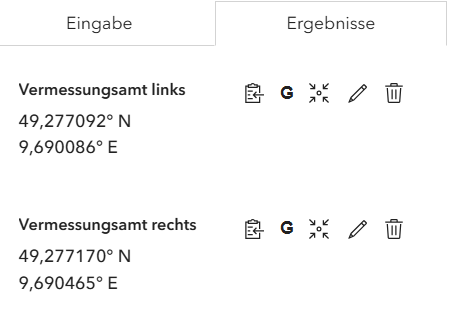 Reiter Ergebnisse mit gespeicherten Koordinaten und deren Aktionen